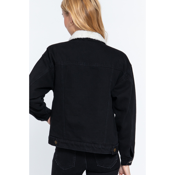 Inner Fur Black Oversized Denim Jacket - Picture 5 of 8